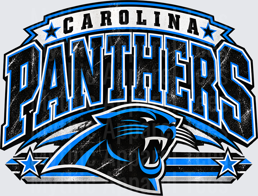 Carolina Panthers Distressed Vintage Bold Arch Wordmark with Snarling Panther Mascot and Stars in Blue Black and White