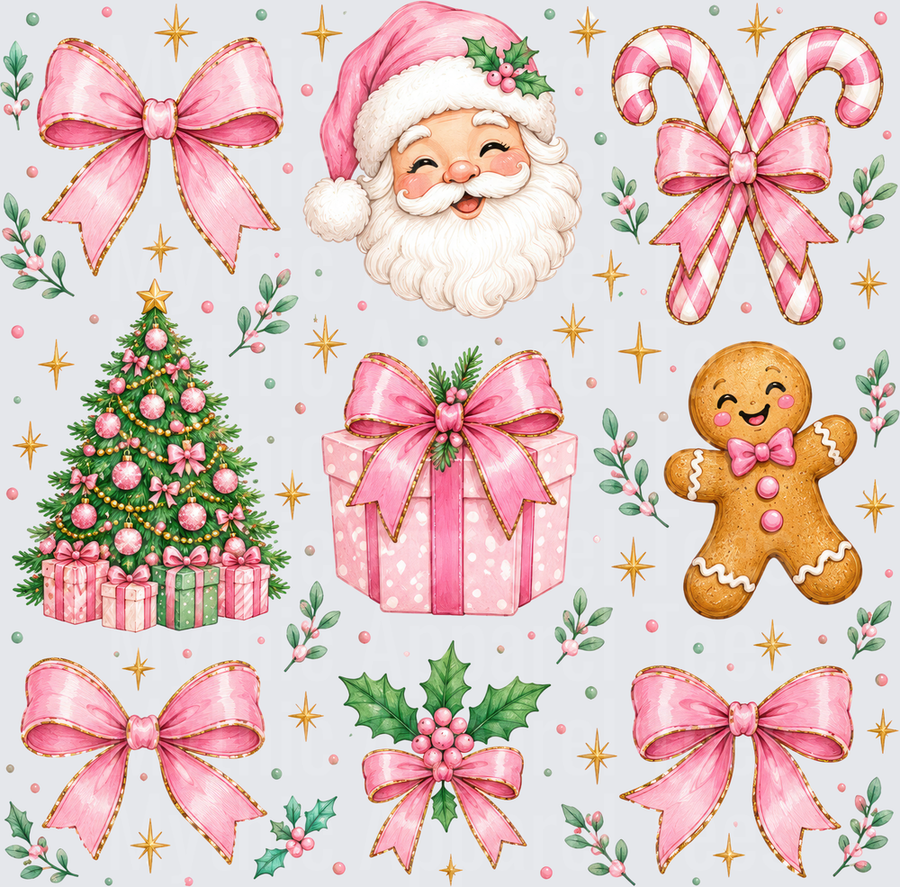 Pink Christmas Collection Santa Claus Gingerbread Man Candy Canes Bows and Holiday Elements Watercolor Set