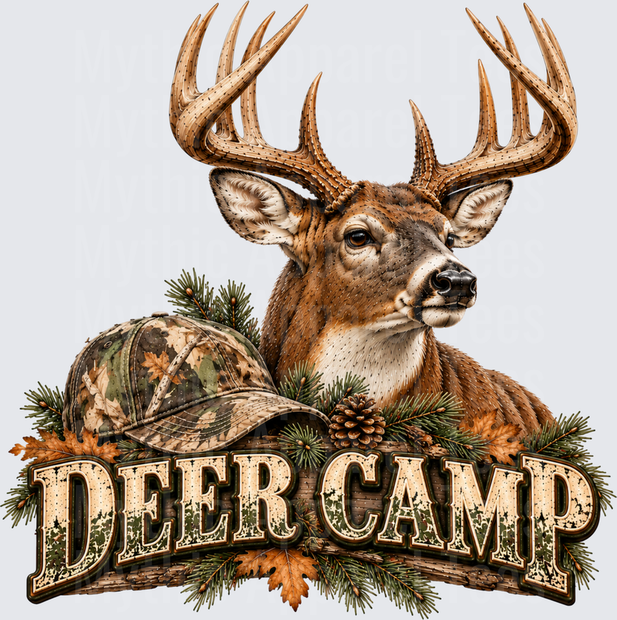 Deer Camp Whitetail Buck with Camo Hat Pine Branches and Fall Leaves Hunting Design