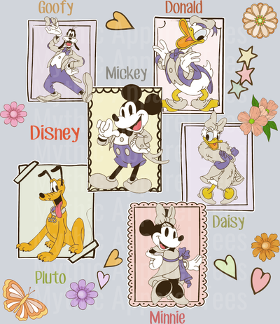 Mickey and Friends frames with characters and hearts classic DTF Disney Transfers