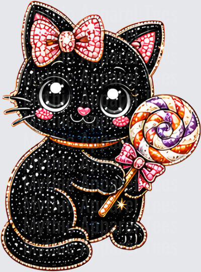 Halloween Bling Glittery Black Kitten with Pink Bow and Swirl Lollipop Kawaii Cat