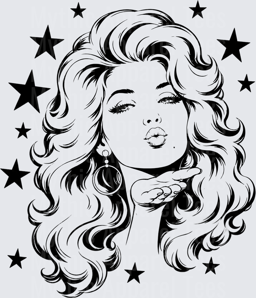 Dolly Parton Inspired Glamour Girl Blowing a Kiss with Big Curly Hair Hoop Earrings and Stars Black and White Pop Art