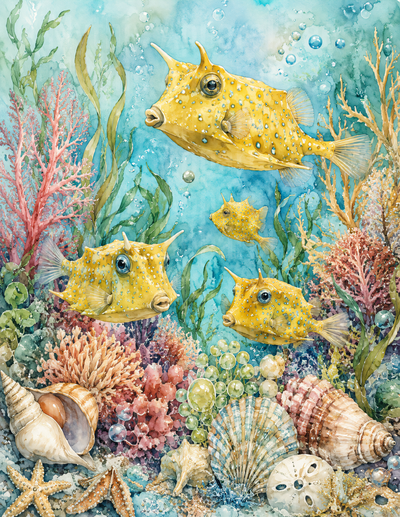 Ocean Animals Watercolor Cowfish Coral Reef Seashell Scene