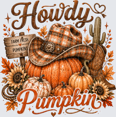 Howdy Pumpkin Western Fall Plaid Cowboy Hat Cowboy Boot Farm Fresh Pumpkins Sunflowers Autumn Leaves Cactus