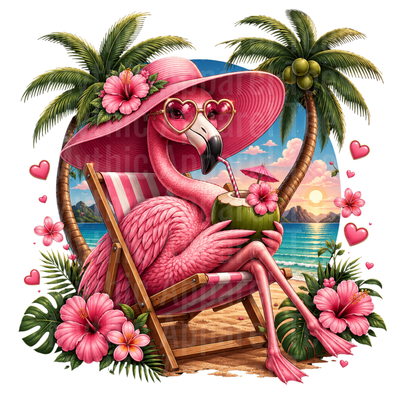 Flamingo Sipping Coconut Drink on Beach Chair with Hearts