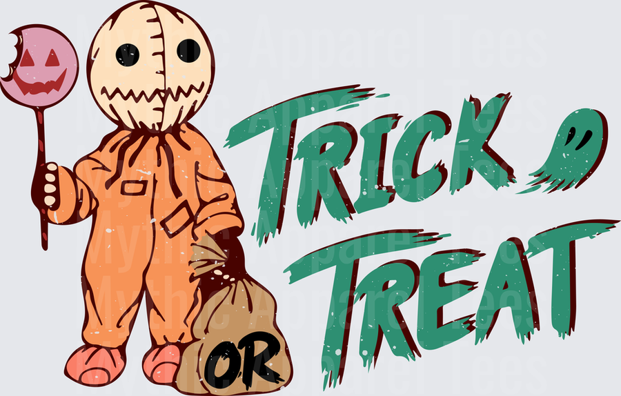 Sam from Trick 'r Treat Holding Lollipop with Candy Bag Trick or Treat Halloween Design
