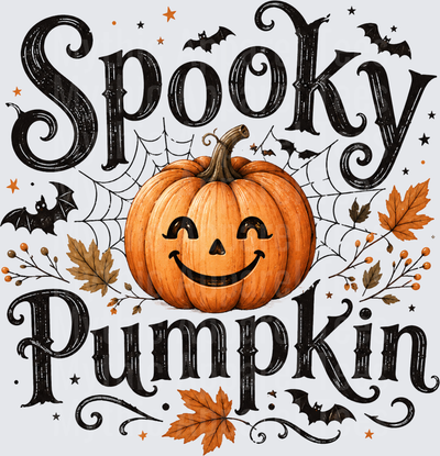 Spooky Pumpkin Halloween Jack-O-Lantern with Bats Spider Web and Fall Leaves Typography Design