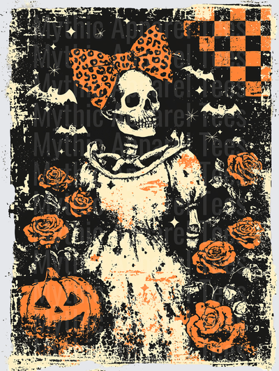 Distressed Halloween Skeleton Girl with Leopard Print Bow Surrounded by Orange Roses Bats and Jack-O-Lantern Grunge Design