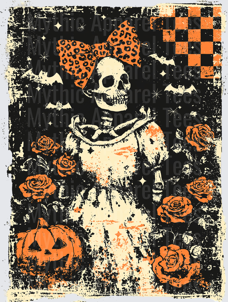 Distressed Halloween Skeleton Girl with Leopard Print Bow Surrounded by Orange Roses Bats and Jack-O-Lantern Grunge Design