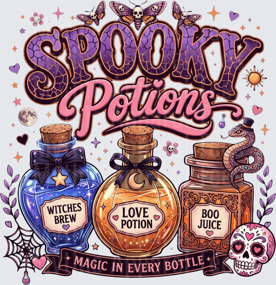 Spooky Potions Magic In Every Bottle Witches Brew Love Potion Boo Juice Halloween Witch Apothecary Sugar Skull Death Moth