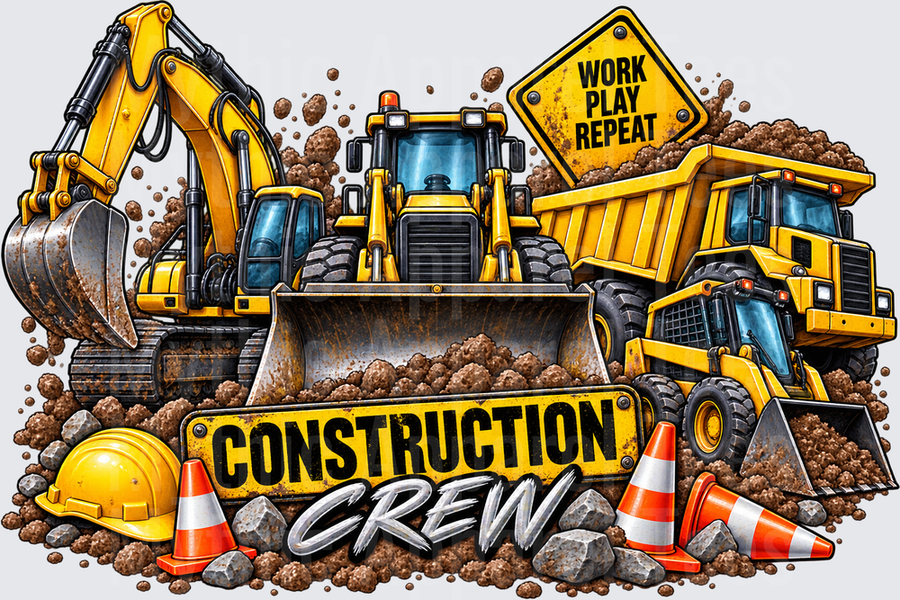 Construction Equipment Construction Crew Work Play Repeat Yellow Excavator Bulldozer Dump Truck with Hard Hat and Traffic Cones