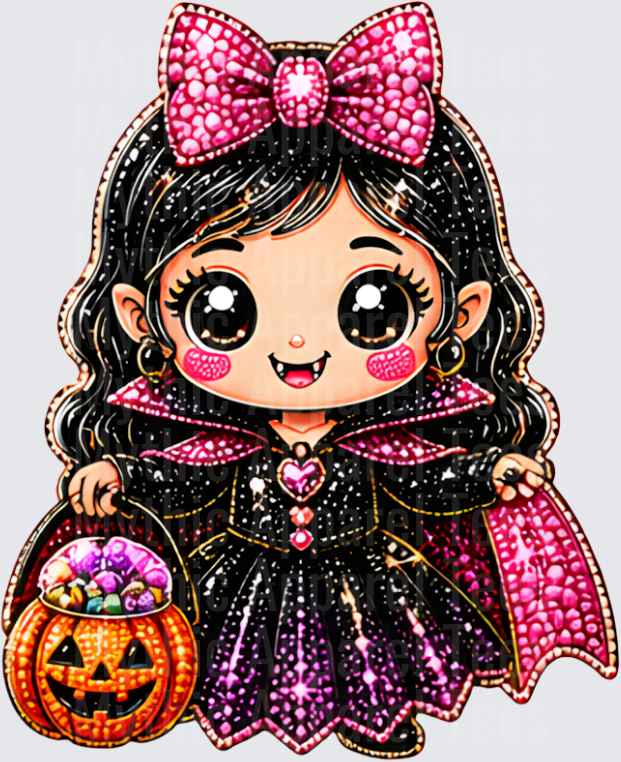 Halloween Bling Cute Chibi Vampire Girl with Pink Rhinestone Bow Black Cape and Jack-O-Lantern Candy Bucket