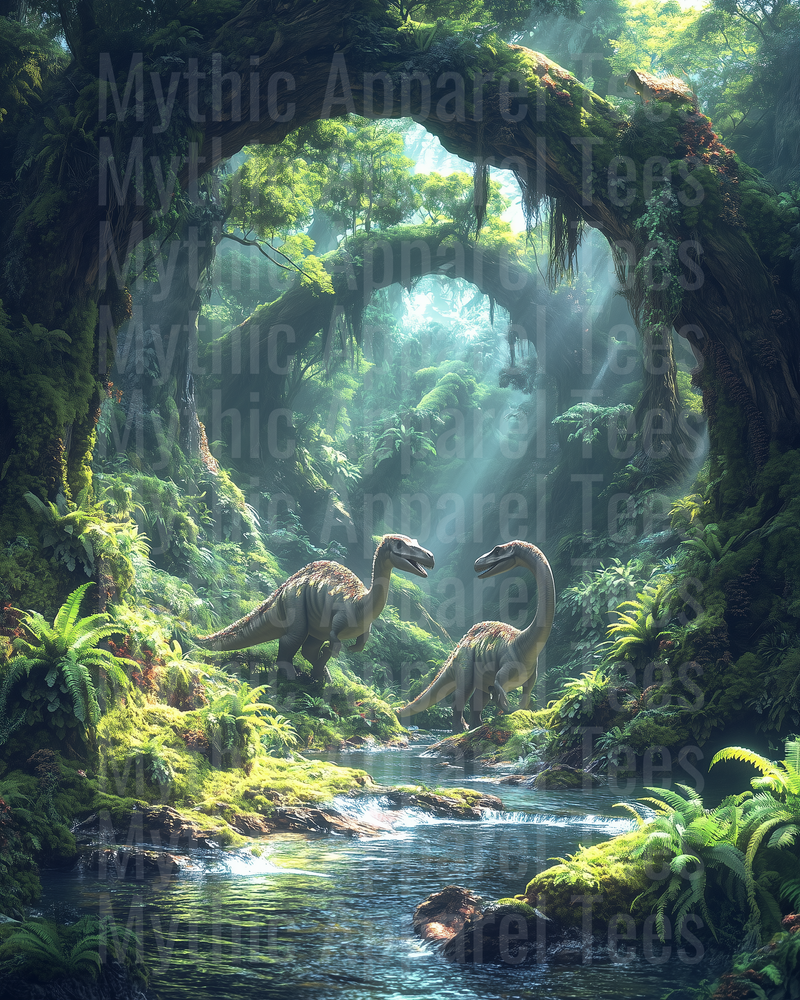 Two Iguanodon Dinosaurs in Lush Prehistoric Jungle River Scene with Mossy Tree Arch and Sunbeams