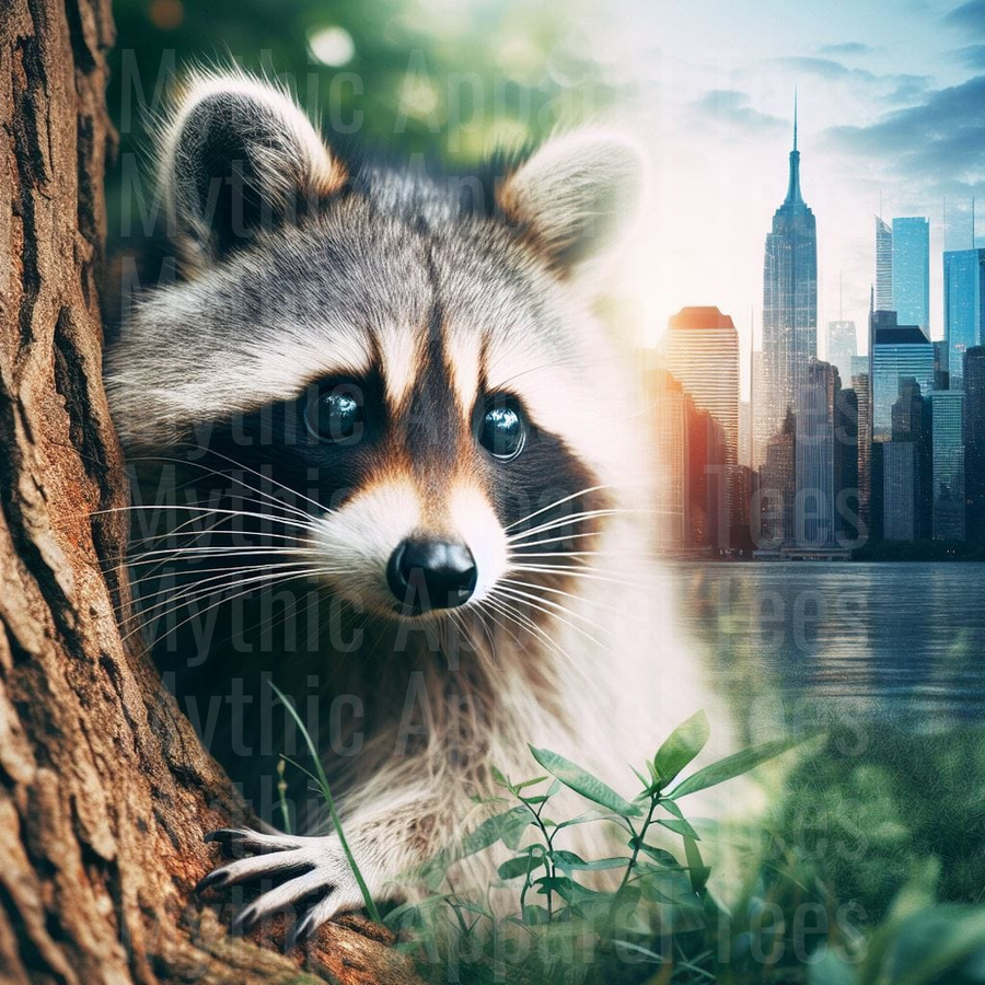 Curious Raccoon Peeking Around Tree with New York City Skyline Background