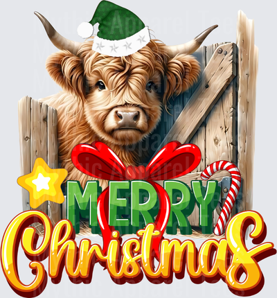Highland Christmas Cow Peeking Over Fence Merry Christmas