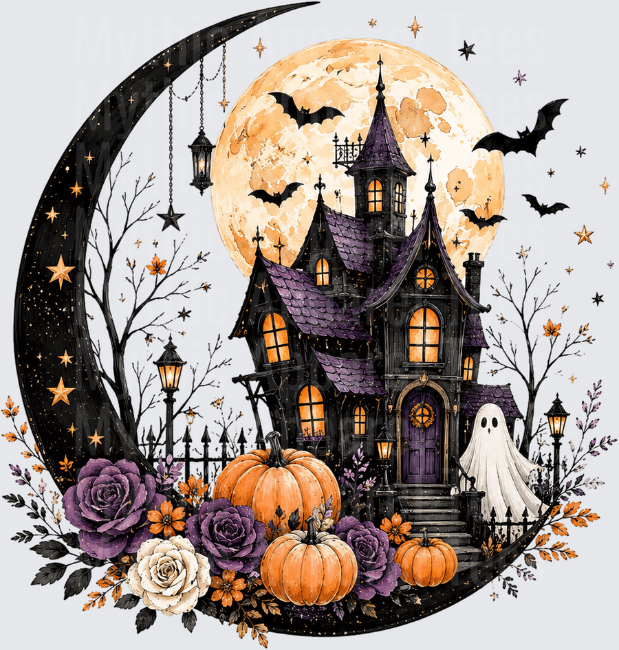 Halloween Haunted Mansion Crescent Moon Pumpkins Ghost Bats