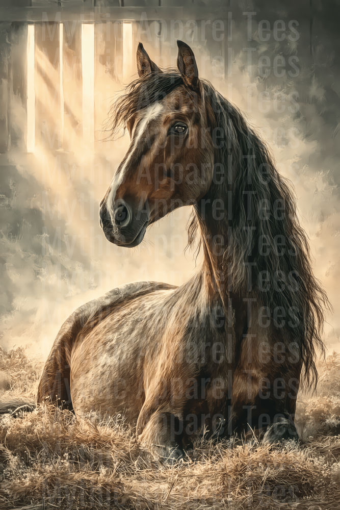 Majestic Brown Horse with Dark Flowing Mane Resting in Golden Light Rays Dramatic Fine Art Portrait