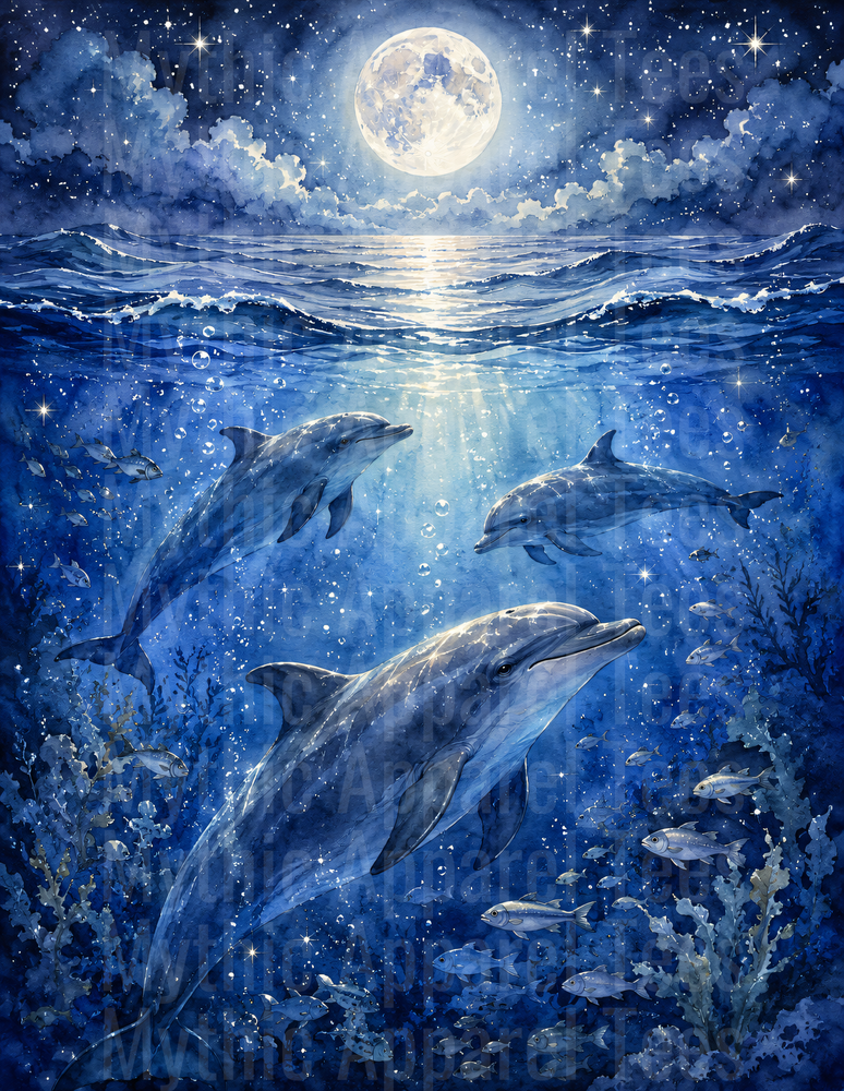 Ocean Animals Dolphins Swimming Under Full Moon Night Sky