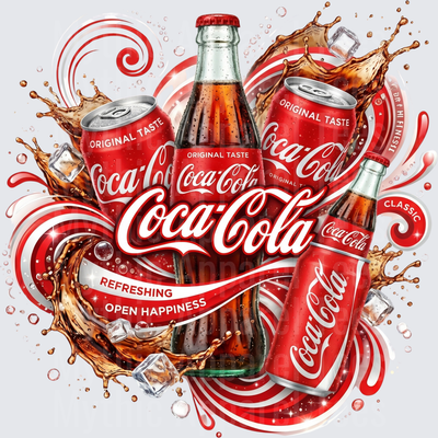 Coke Coca-Cola Classic Bottles Cans Soda Splash Ice Swirl