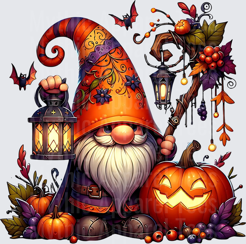 Halloween Gnome with Lantern Staff Jack-O-Lantern Pumpkins Bats and Autumn Berries