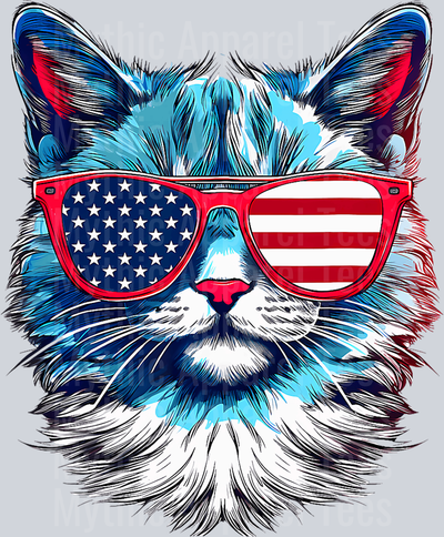 Cat with Red white and blue glasses American Flag Glasses DTF Patriotic Transfers