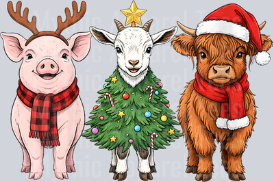 Womens Retro Christmas Goat Cow Pig Santa Reindeer Farm Animal V-Neck T-Shirt