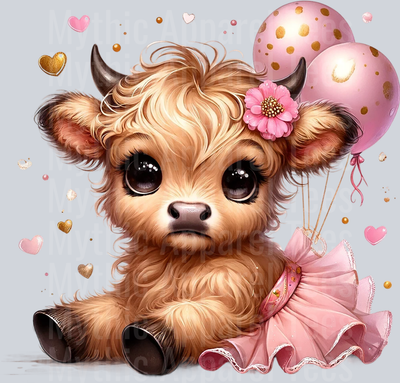 Cute Highland Cow Baby Pink Balloon and Tutu Flower in hair DTF Precious Highland Cow Transfers