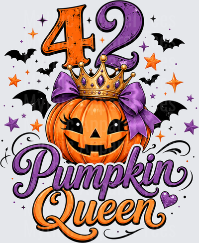 42 Pumpkin Queen Halloween Birthday Jack-o-Lantern with Crown Purple Bow Bats and Stars