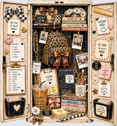 Teacher Life Locker Collage with Leopard Print Backpack Coffee Teach Inspire Repeat Motivational Quotes and Classroom Essentials