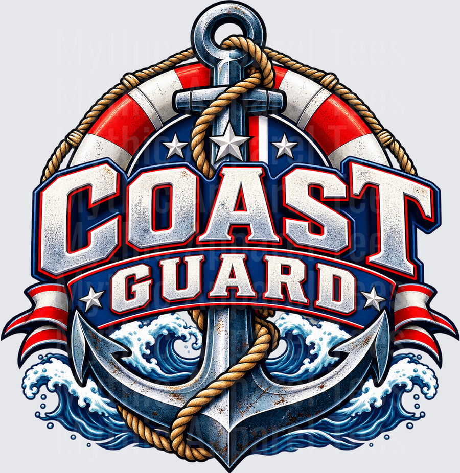 Coast Guard Bold Anchor and Life Ring Nautical Badge with Ocean Waves Red White and Blue Stars
