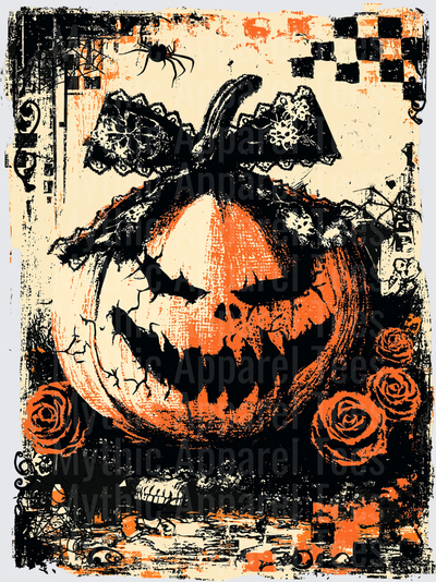 Distressed Halloween Gothic Jack-O-Lantern with Lace Witch Hat Roses Spider and Skull Grunge Art