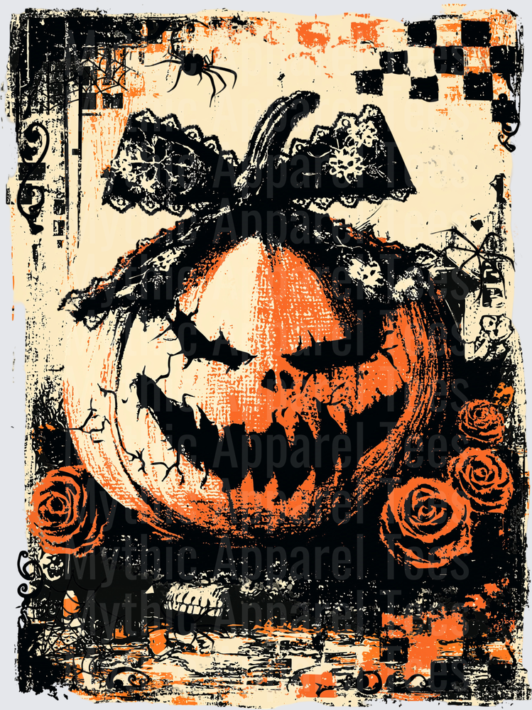Distressed Halloween Gothic Jack-O-Lantern with Lace Witch Hat Roses Spider and Skull Grunge Art