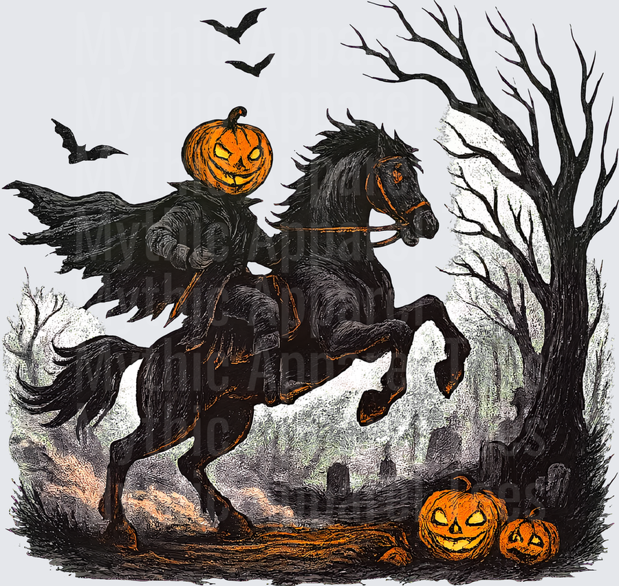 Headless Horseman Riding Rearing Black Stallion Through Graveyard with Jack-O-Lanterns and Bats