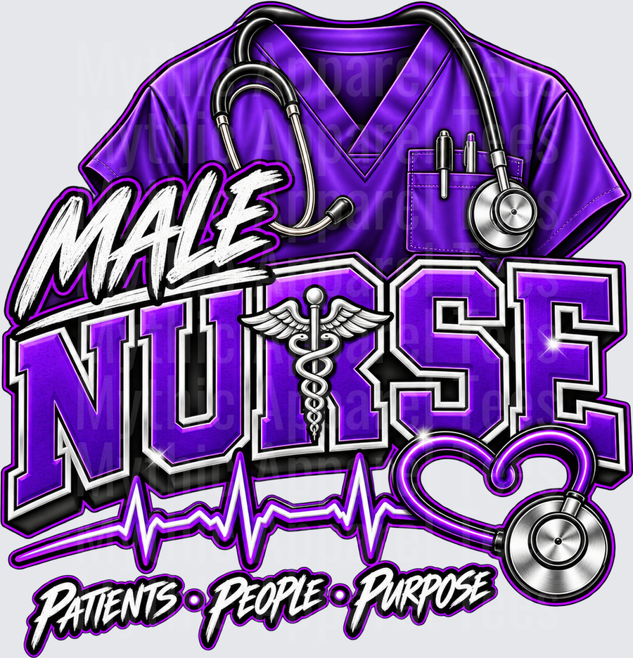 Male Nurse Patients People Purpose Purple Scrubs Stethoscope Caduceus Heartbeat Design
