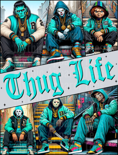 Teal letters Chucky Frankenstein THUG LIFE Freddy Krueger Jason Vorhees Michael Myers Pennywise Gangster Pose Horror Movie DTF Thug Life Transfers