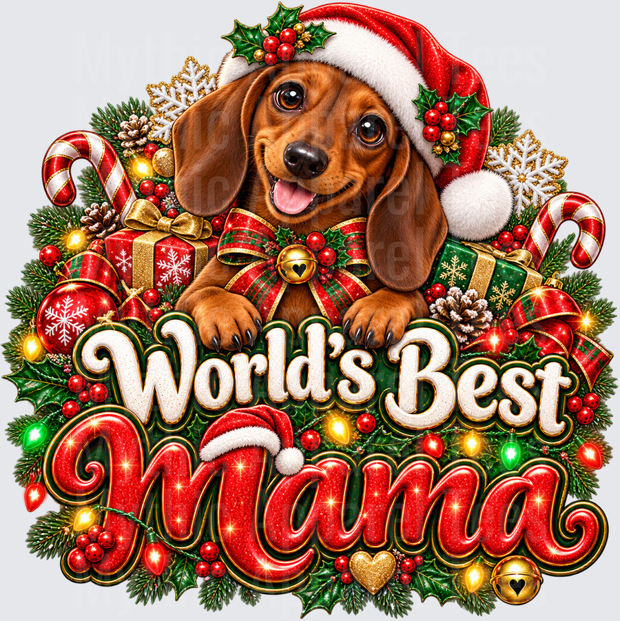 Dachshund World's Best Mama Santa Hat Christmas Wreath Holiday Lights Candy Cane Ornament Design