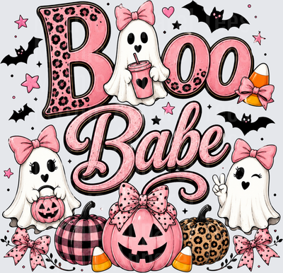 Boo Babe Pink Leopard Print Halloween Cute Ghost Girls with Jack-O-Lanterns Bats Candy Corn and Pink Bows