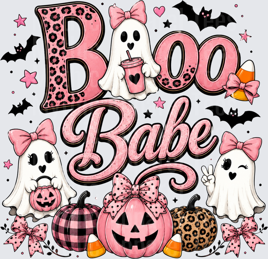 Boo Babe Pink Leopard Print Halloween Cute Ghost Girls with Jack-O-Lanterns Bats Candy Corn and Pink Bows