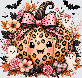 Cute Leopard Print Pumpkin with Pink Heart Bow Kawaii Ghosts Bats and Fall Floral Halloween