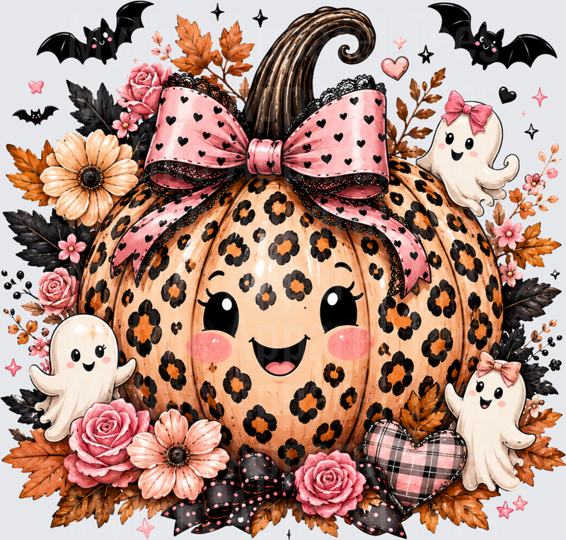 Cute Leopard Print Pumpkin with Pink Heart Bow Kawaii Ghosts Bats and Fall Floral Halloween