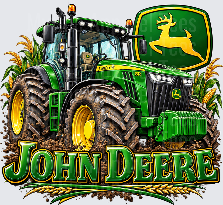 Tractors John Deere 8R Green and Yellow Farm Tractor with Corn Stalks Dirt and Leaping Deer Logo Bold Graphic Design