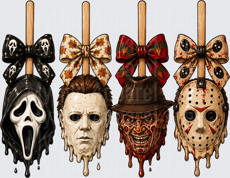 Pro Horror Ghostface Scream Mask, Michael Myers, Freddy Krueger, and Jason Voorhees Melting Lollipop Faces with Themed Bows Halloween Horror Icons