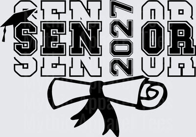 Senior 2027 Stacked Bold Block Letters Graduation Cap and Diploma Black and White