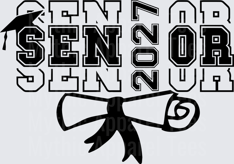 Senior 2027 Stacked Bold Block Letters Graduation Cap and Diploma Black and White