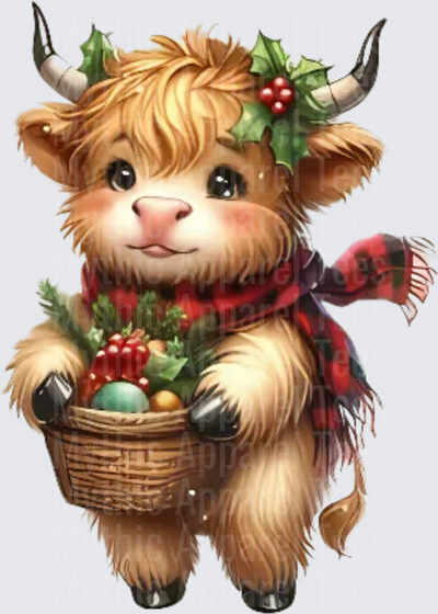 Highland Christmas Cow Carrying Holiday Basket with Holly Crown