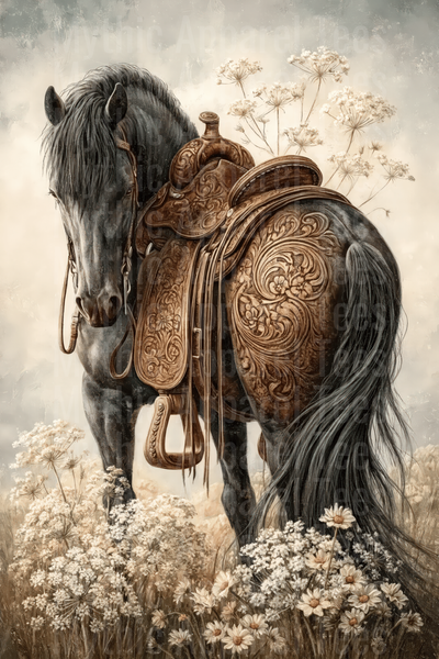 Dark Black Horse with Ornate Tooled Leather Western Saddle Standing in Wildflower Meadow Vintage Sepia Floral Art