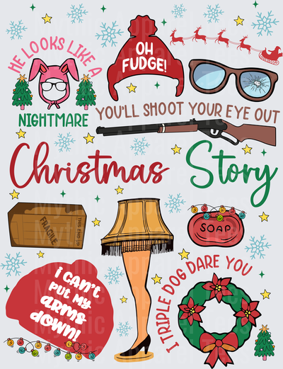A Christmas Story Movie Icons Collage with Leg Lamp Fragile Crate BB Gun Bunny Suit Oh Fudge Beanie and Triple Dog Dare Quotes