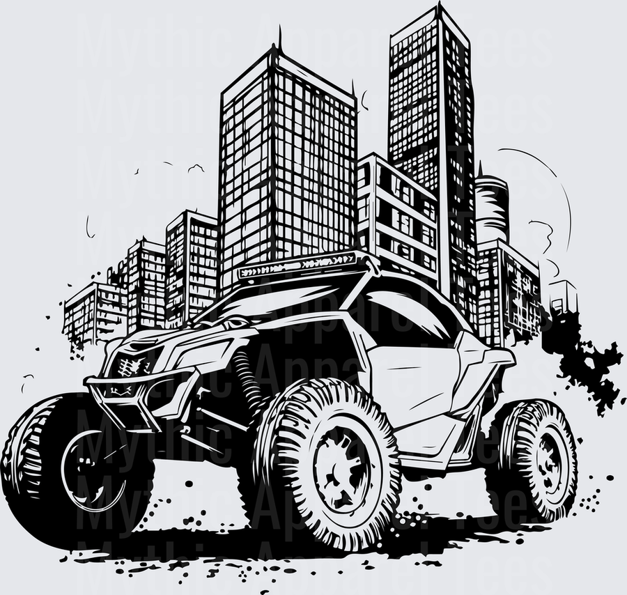 Off Road Jeep UTV Side By Side City Skyline Black and White