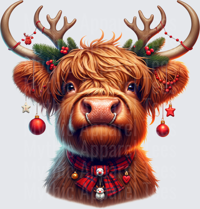 Highland Christmas Cow with Reindeer Antlers and Ornaments