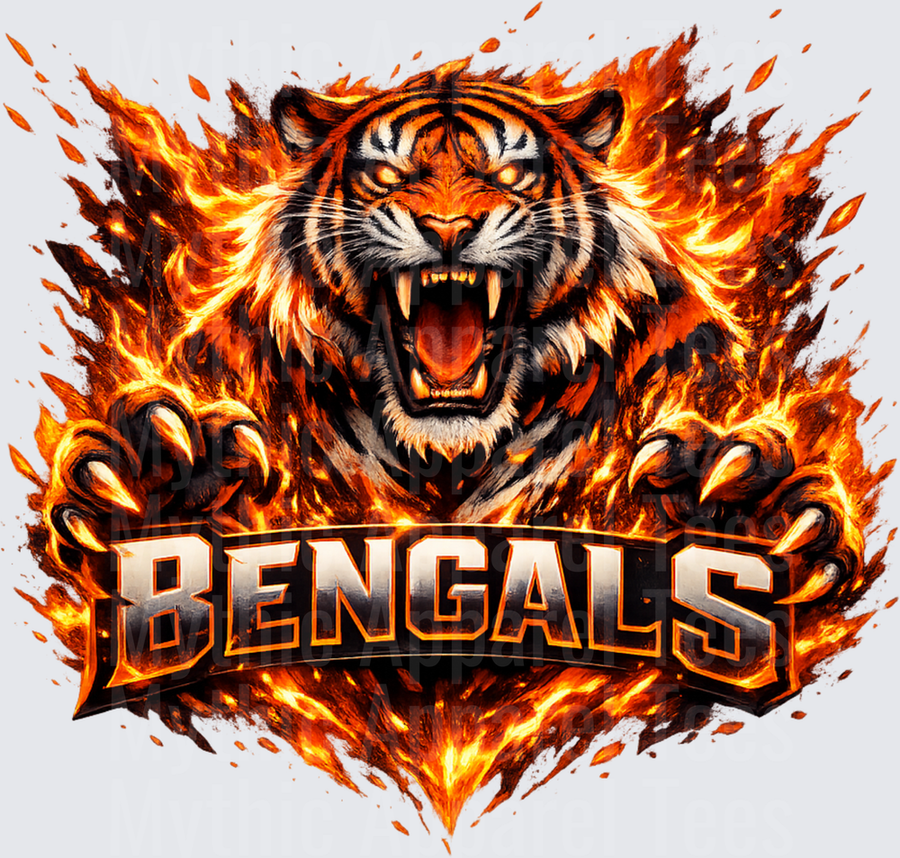 NFL Bengals Roaring Flaming Tiger Claws Fire Burst Design